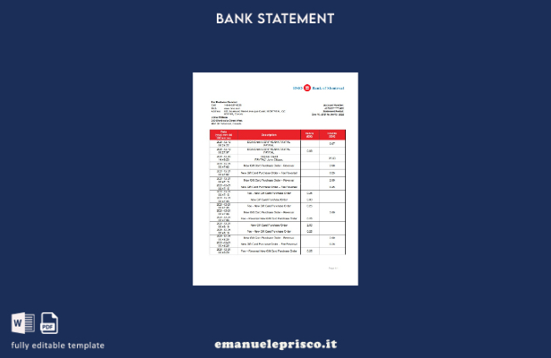 modello word di estratto conto bancario della Canada Bank of Montreal in stile v